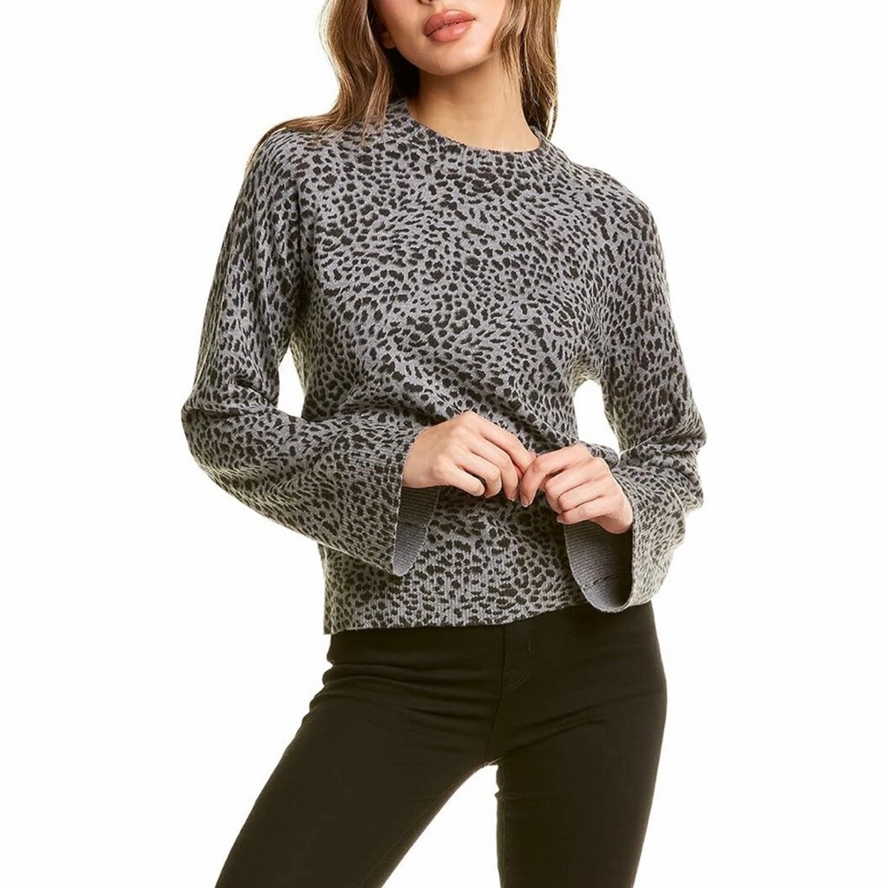 MONROW CASHMERE BLEND MINI LEOPARD MOCK NECK SWEATER GRAY BLACK SIZE XS NWT